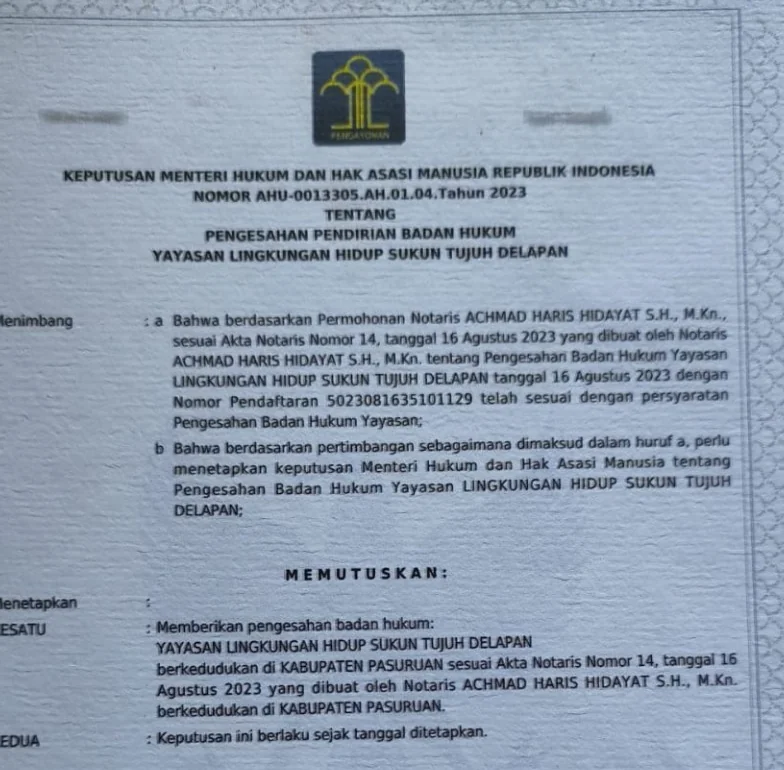 Cuplikan SK Kemenkumham Yayasan Sukun 78